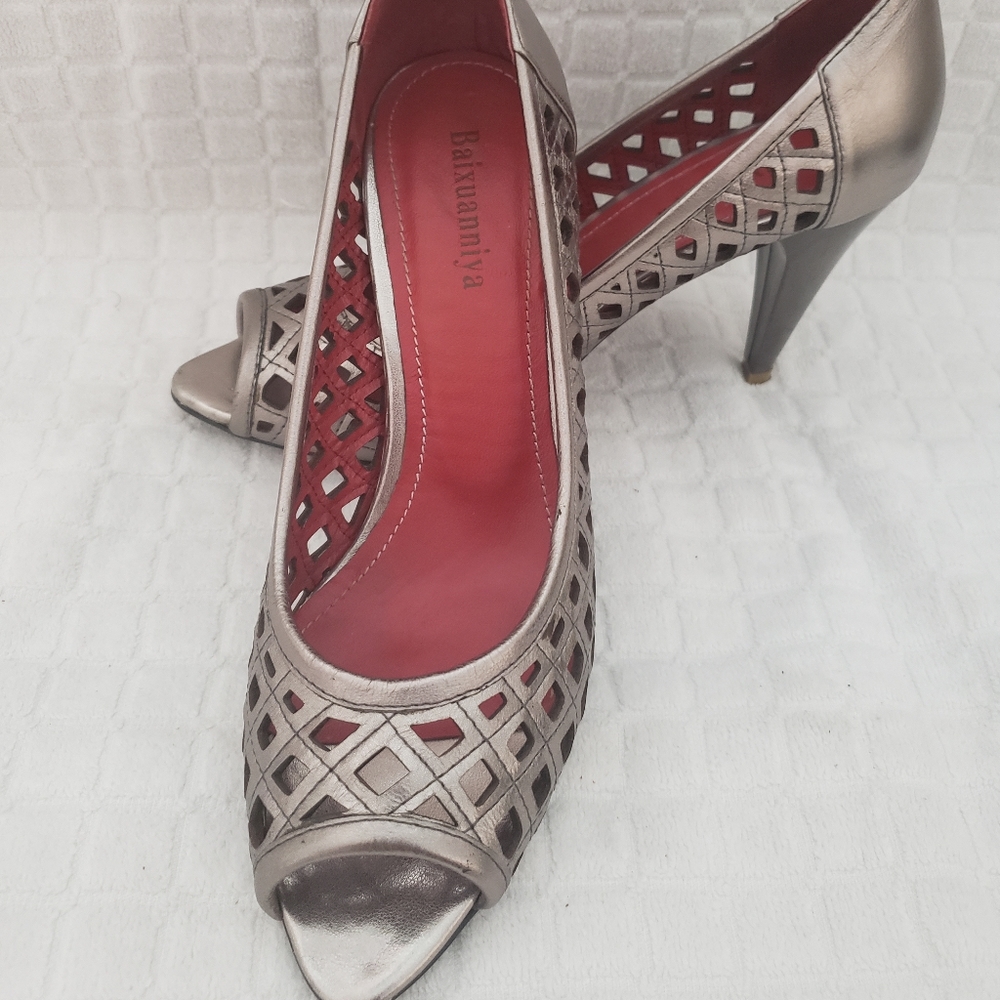 Silver leather heels